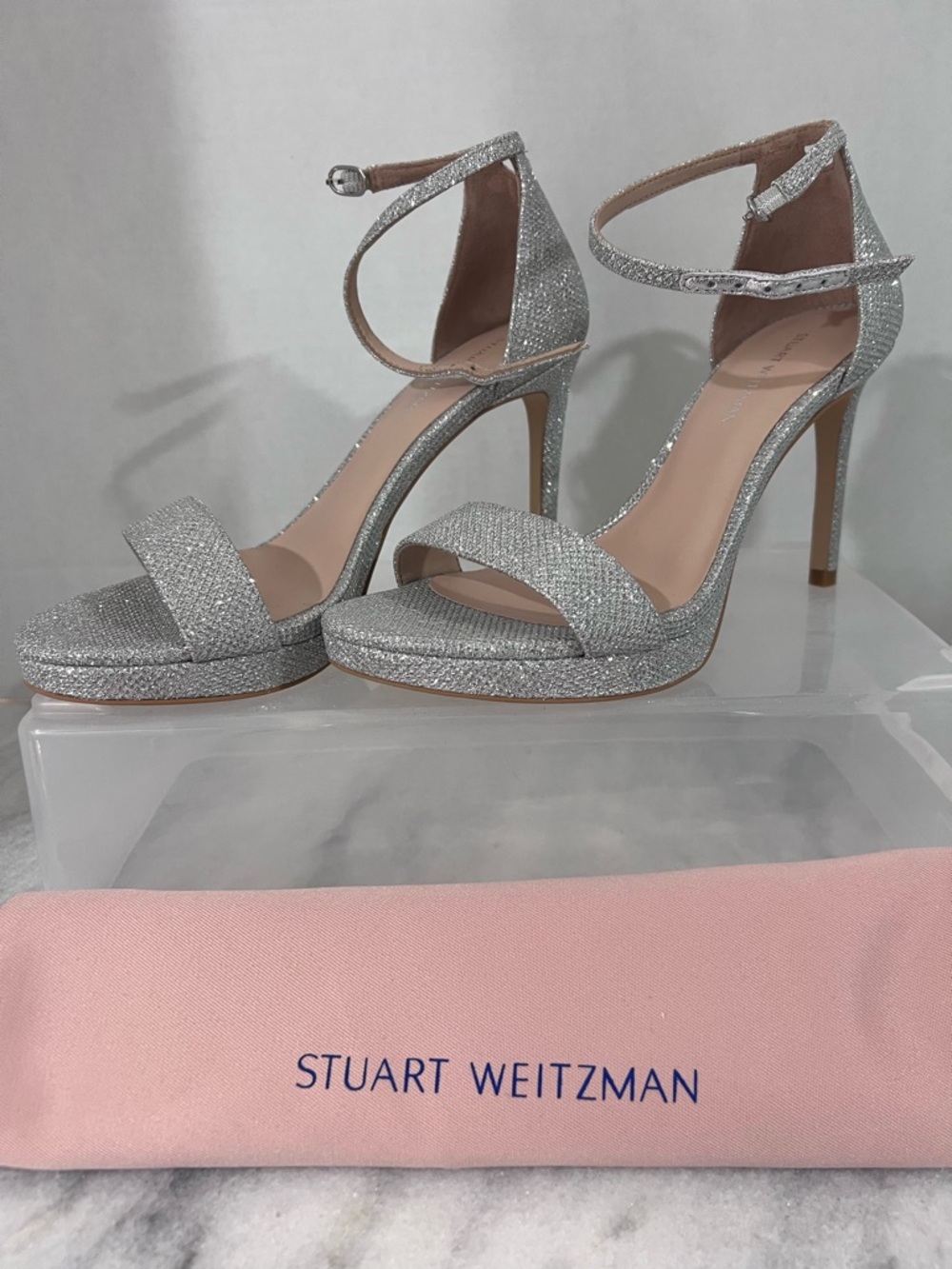 Stuart Weitzman Silver Glitter Ankle-Strap Platform Sandals sz 6.5 NWOB